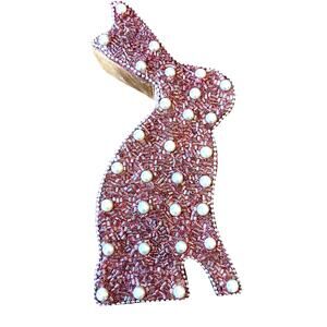 Pink Easter Bunny Wooden Beaded Glitter Sparkle Home Decor Glam pearls spring 8”